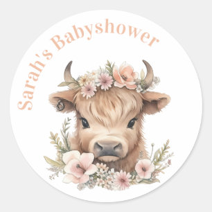 Sticker Rond Highland vache fleurie boho fête en faveur autocol