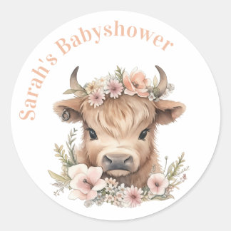 Sticker Rond Highland vache fleurie boho fête en faveur autocol