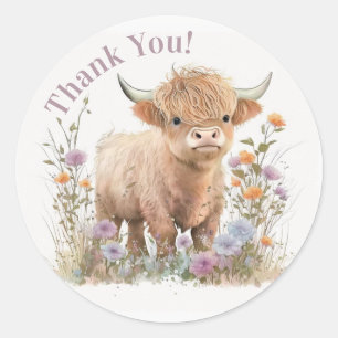 Sticker Rond Highland vache fleurie boho fête en faveur autocol