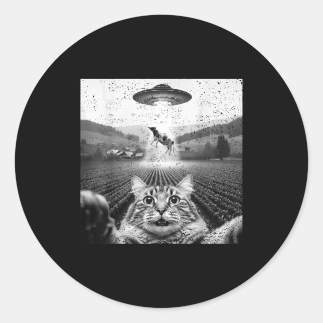 Sticker Rond Hilarious Cat Selfie Ufo Cow Abduction Alien Meme  (Devant)