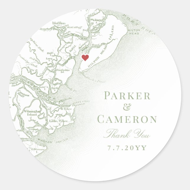 Sticker Rond Hilton Head SC Map Élégant mariage Sage Favoriser (Devant)