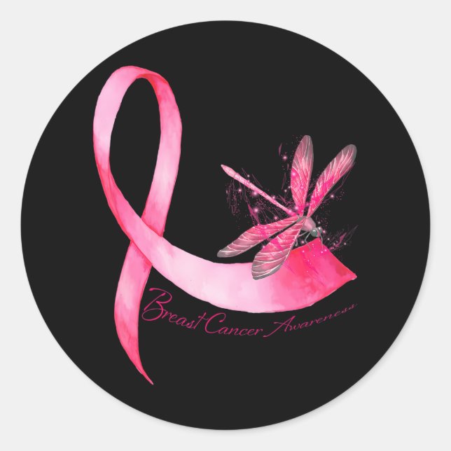 Sticker Rond Hippie Dragonfly rose Ruban Cancer du sein (Devant)