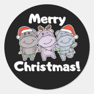 Sticker Rond Hippo Animaux de Noël mignons Hippopotames Joyeux 