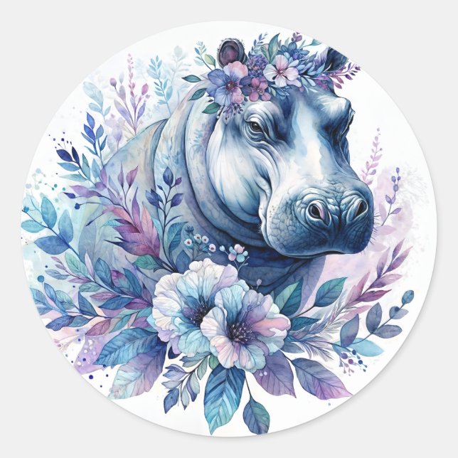 Sticker Rond Hippo Aquarelle Art Floral (Devant)