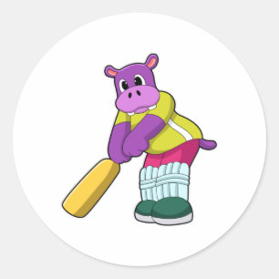 Sticker Rond Hippo au cricket avec batte de cricket