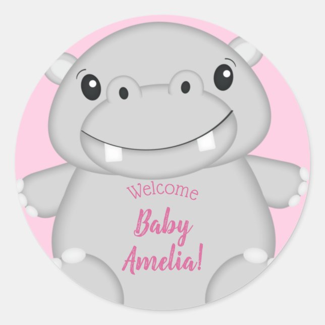 Sticker Rond Hippo Baby shower rose (Devant)