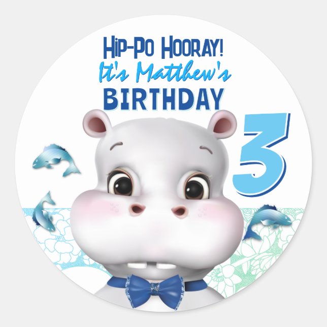 Sticker Rond Hippo Blue Fish Boy Merci d'anniversaire (Devant)