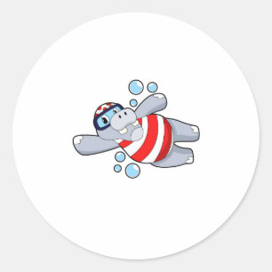 Sticker Rond Hippo comme Plongeur avec lunettes de natation