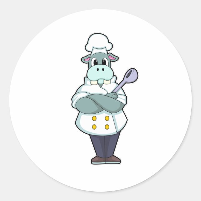 Sticker Rond Hippo cuisiner avec cuillère en bois et tablier de (Devant)