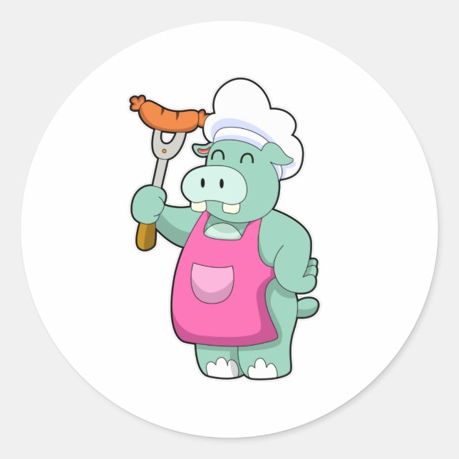 Sticker Rond Hippo cuisiner avec des saucisses (Devant)
