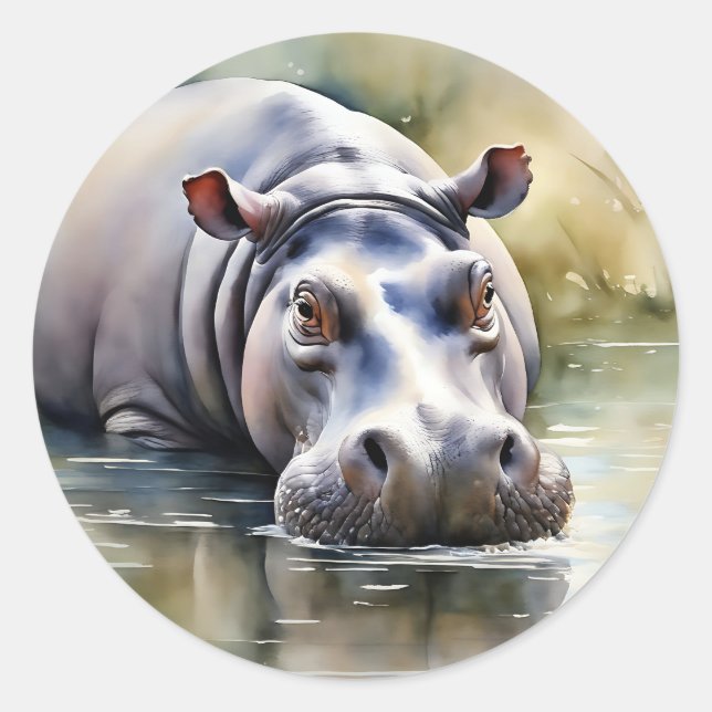 Sticker Rond Hippo de l'aquarelle de la faune (Devant)