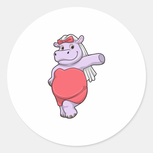 Sticker Rond Hippo en mariée avec Voile & Bow (Devant)