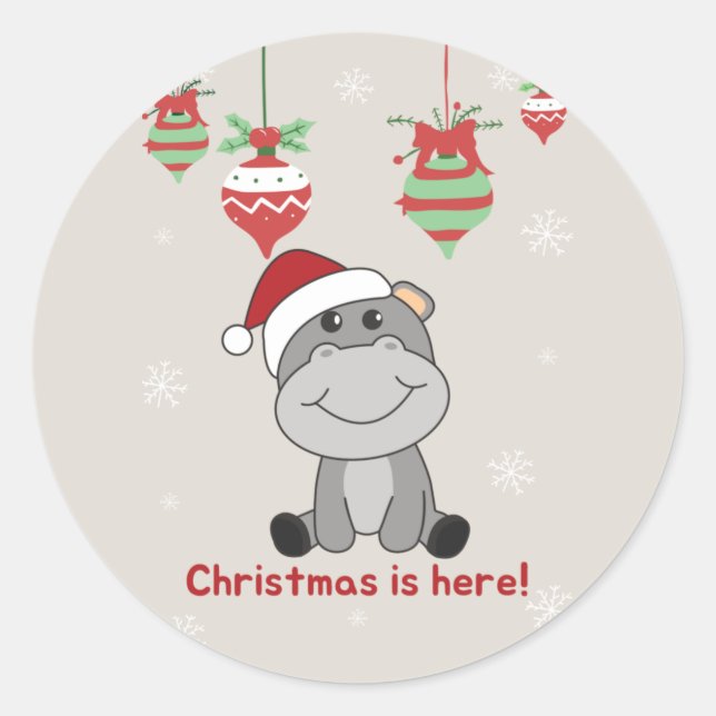 Sticker Rond Hippo Joyeux Noël Animaux d'hiver Hippopotames Cla (Devant)