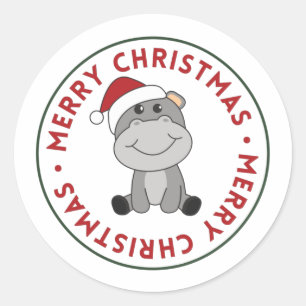 Sticker Rond Hippo Joyeux Noël Animaux d'hiver Hippopotames Cla