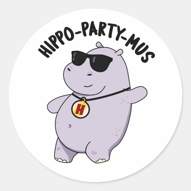Sticker Rond Hippo-party-mus Funny Animal Hippo Pun (Devant)