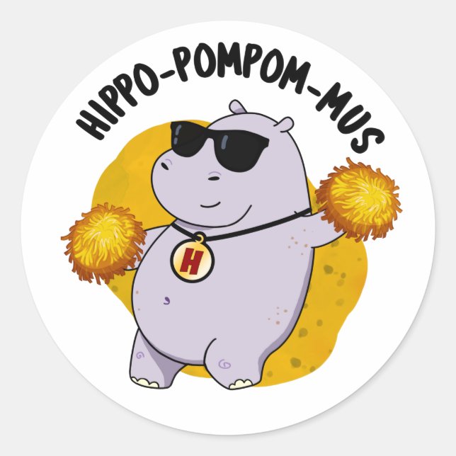 Sticker Rond Hippo-pompom-mus drôle Animal Hippo Pun (Devant)