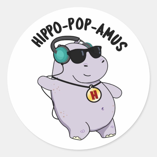 Sticker Rond Hippo-pop-amus Funny Pop Music Hippo Pun (Devant)