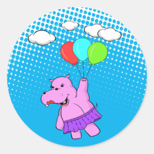 Sticker Rond Hippo Rose Volant Avec Ballons