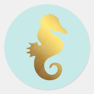 Sticker Rond Hippocampe de menthe et de feuille d'or de Faux