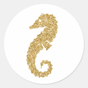 Sticker Rond Hippocampe doré scintillant
