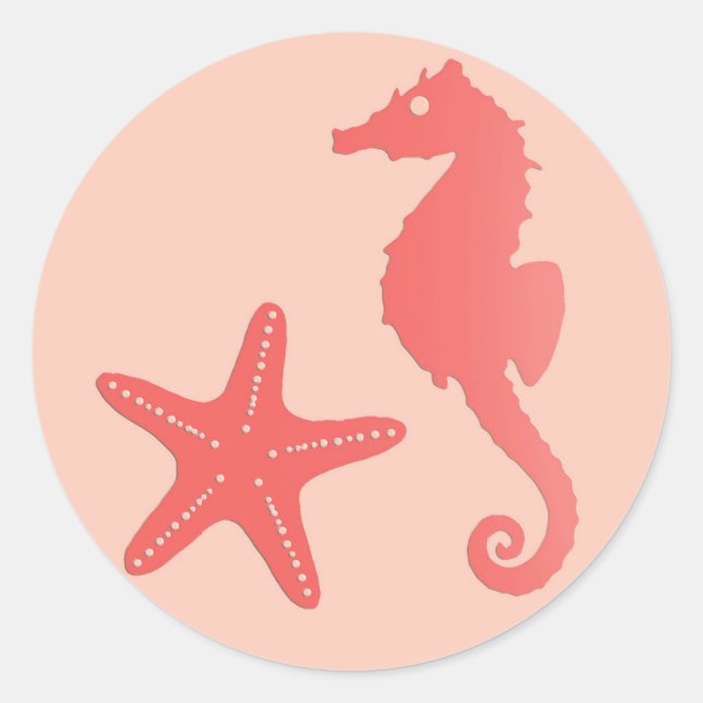 Sticker Rond Hippocampe et poisson-cétacés, Coral Orange (Devant)