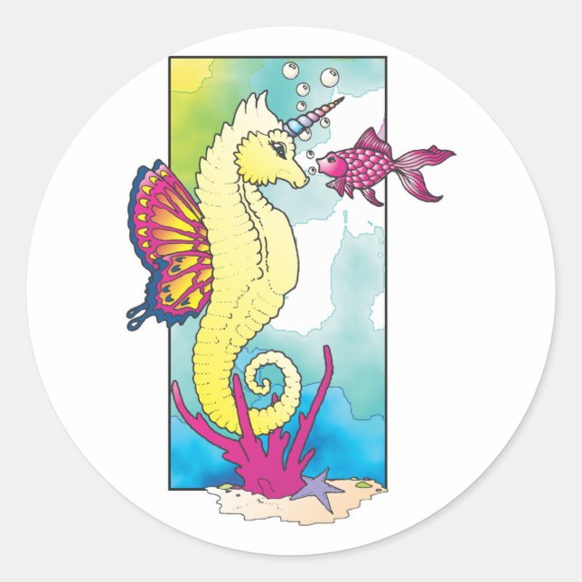 Sticker Rond hippocampe papillon et poisson (Devant)