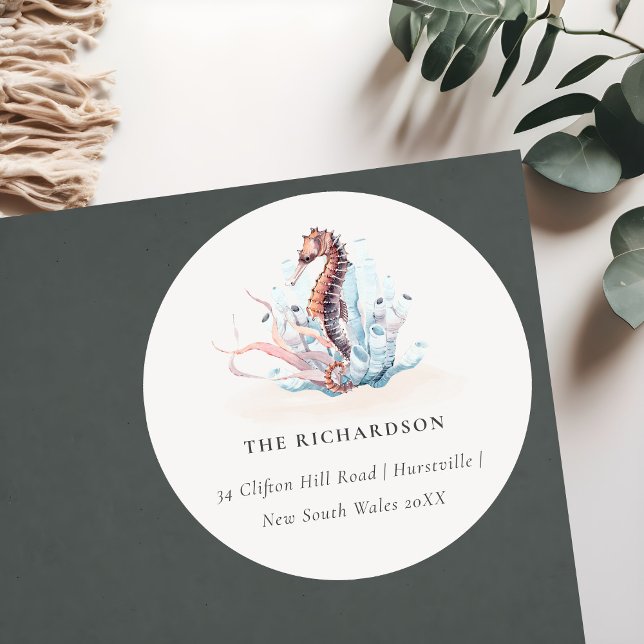 Sticker Rond Hippocampe sous-marin Algues Corail Adresse (Créateur téléchargé)
