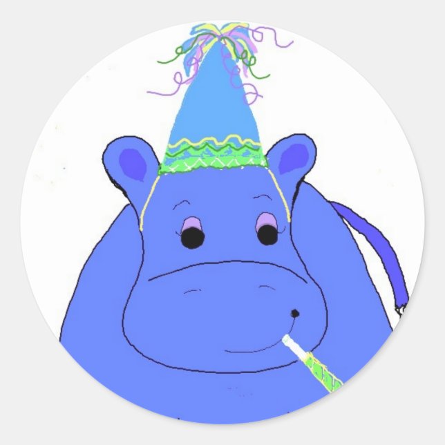 Sticker Rond Hippopotame Bleu Anniversaire (Devant)