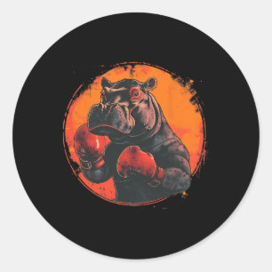 Sticker Rond Hippopotame boxeur avec gants de boxe Kickboxing D