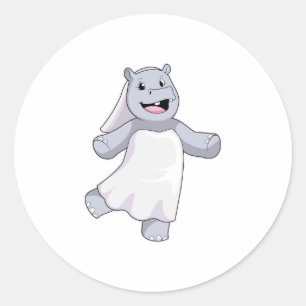 Sticker Rond Hippopotame en mariée avec voile