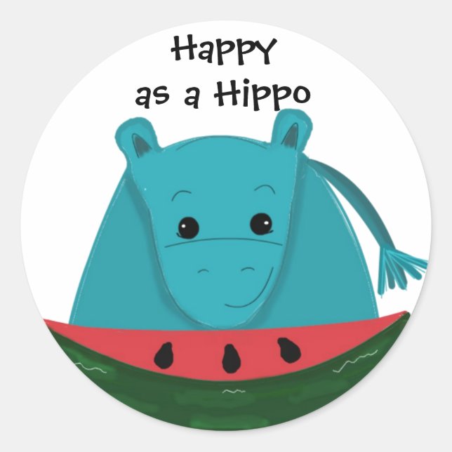 Sticker Rond Hippopotame heureux avec tranche de pastèque (Devant)