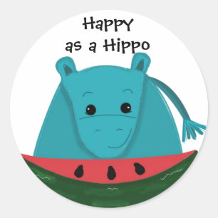 Sticker Rond Hippopotame heureux avec tranche de pastèque