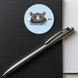 Sticker Rond Hippopotame Lotus Blanc Bleu