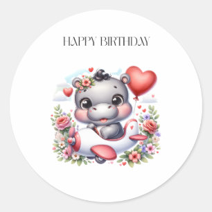 Sticker Rond Hippopotame mignon dans un avion en forme de cœur