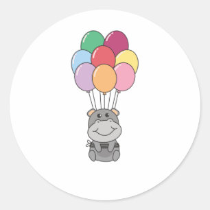 Sticker Rond Hippopotame S'Envole Avec Des Ballons Colorés
