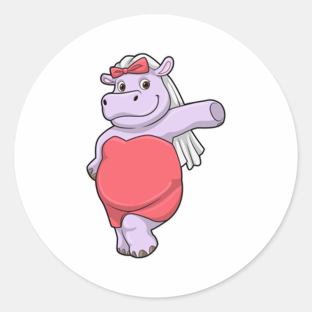 Sticker Rond Hippopotampe en mariée avec voile et nœud (Devant)