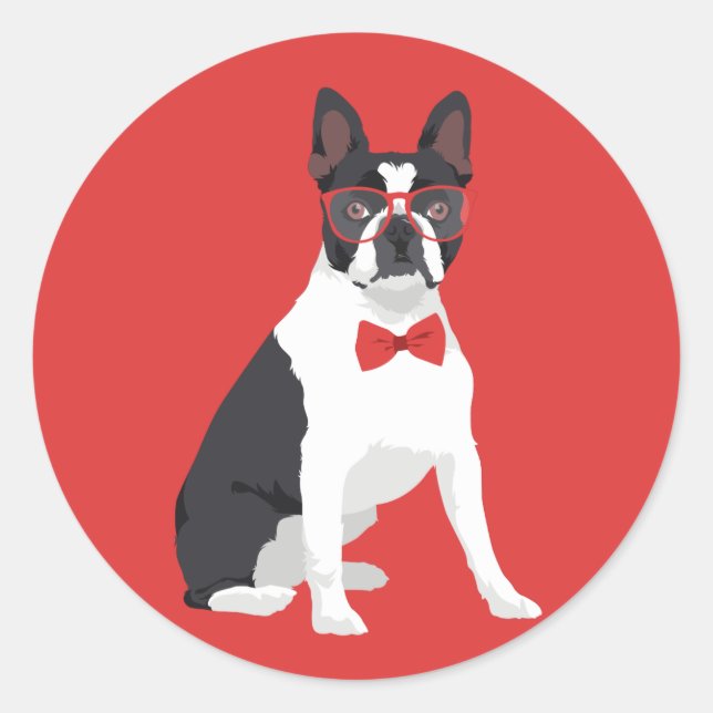 Sticker Rond Hipster Boston Terrier avec lunettes rouges et Cra (Devant)