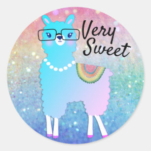 Sticker Rond Hipster Llama Rainbow Parties scintillant Ombre