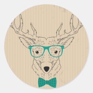 Sticker Rond Hipster Reindeer Elk avec des lunettes grungy Noël