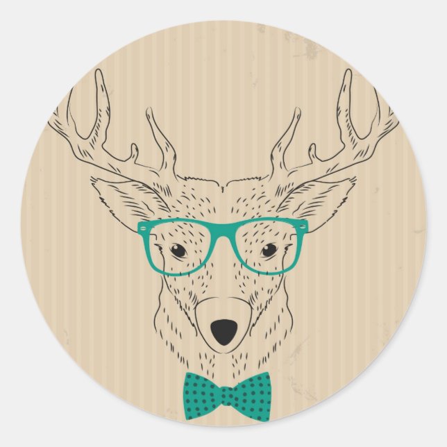 Sticker Rond Hipster Reindeer Elk avec des lunettes grungy Noël (Devant)