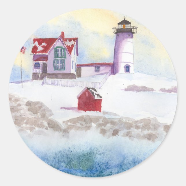 Sticker Rond Hiver à Nubble LIghthouse dans le Maine (Devant)