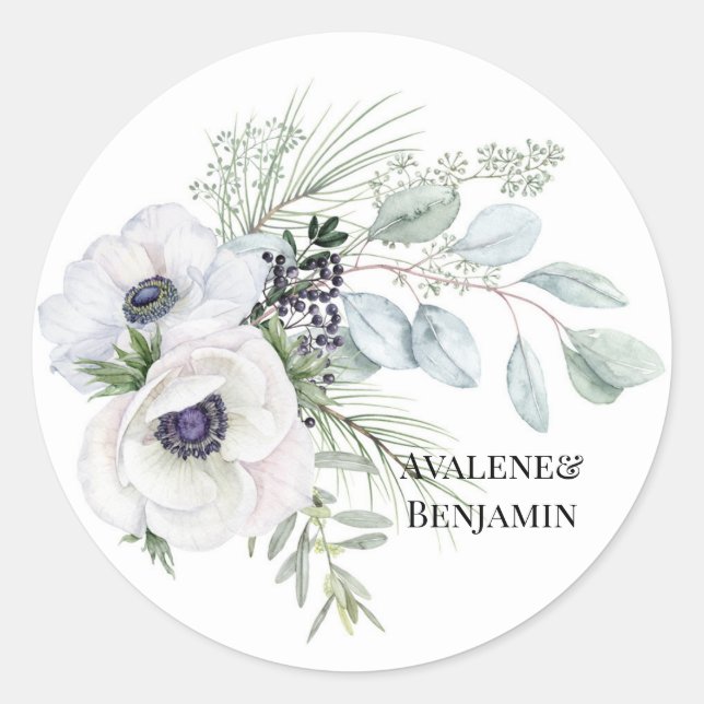 Sticker Rond Hiver Anémonique Floral main peint Mariage (Devant)