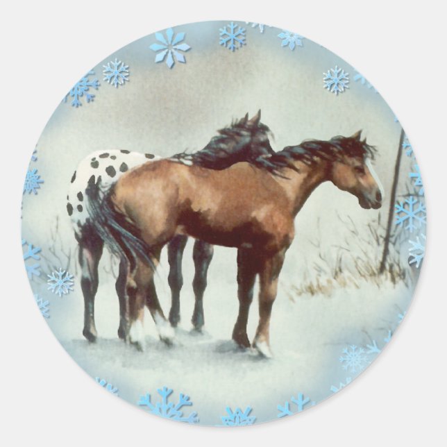 Sticker Rond HIVER APPALOOSA & FLAKES DE NEIGE par SHARON SHARP (Devant)
