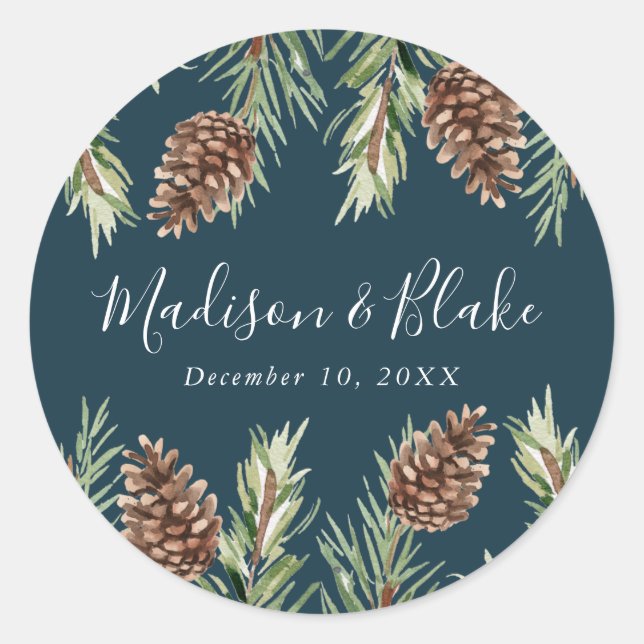 Sticker Rond Hiver Aquarelle Pine Cone Mariage de la marine (Devant)