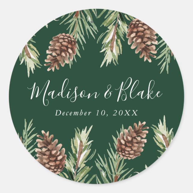 Sticker Rond Hiver Aquarelle Pine Cône Vert Mariage (Devant)