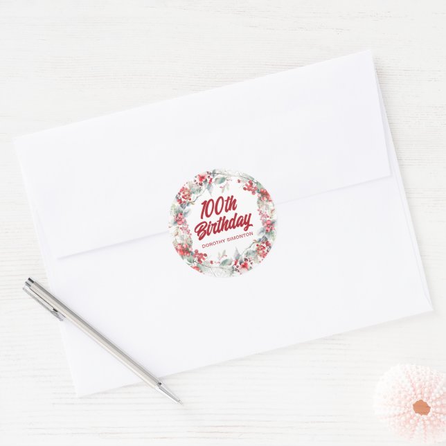 Sticker Rond Hiver Berry Wreath 100e Anniversaire Enveloppe Sce (Enveloppe)