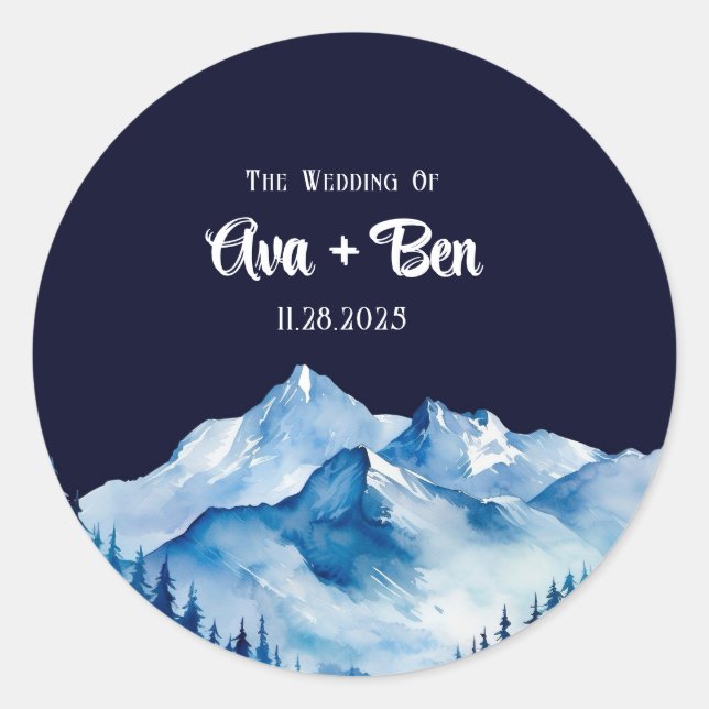 Sticker Rond Hiver Bleu Blanc Snowy Mountains Mariage (Devant)