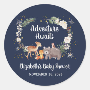 Sticker Rond Hiver Bois Animaux Baby shower Bleu