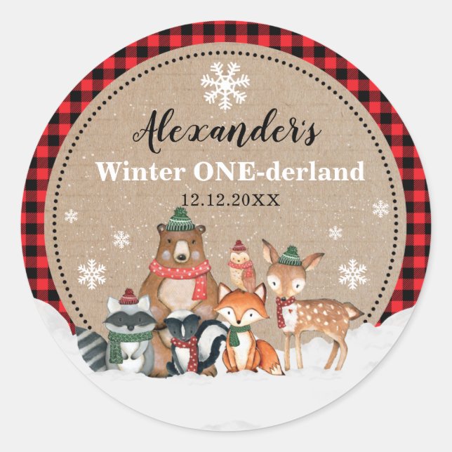 Sticker Rond Hiver Bois Animaux Onederland 1er anniversaire (Devant)