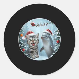 Sticker Rond Hiver Chat de Noël Selfie Dauphin Lover Avec San
